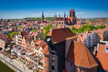 Beautiful architecture of the main city of Gdansk with historic Port Crane at summer. Poland