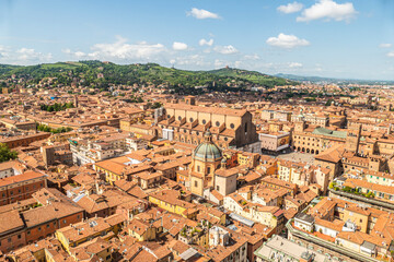 Fototapeta premium Aerial view of Bologna with the beautiful Maggiore Square and the tower