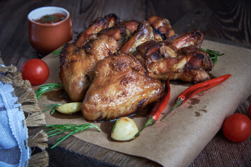 Delicious fried chicken wings lie on the serving board, decorated with various spices , herbs and vegetables.