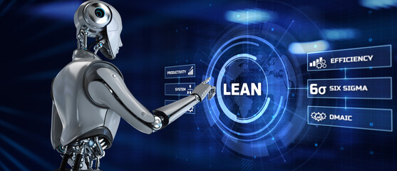 Lean manufacturing development concept. Robot pressing button on screen 3d render.