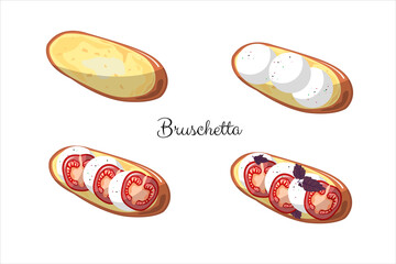 Bruschetta with tomato, mozzarella, basil. cooking instructions. Home cooking. White bread sandwich. Healthy breakfast recipe, snack