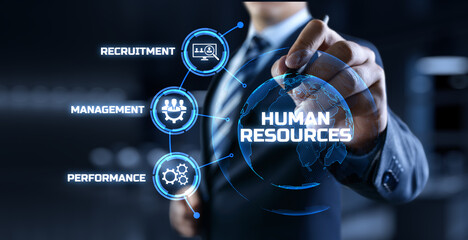 HR Human resources management Recruitment Headhunting. Businessman pressing button on screen.