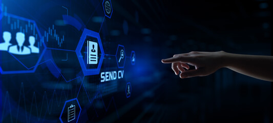 Send CV Employment Hiring concept. Hand pressing button on screen.