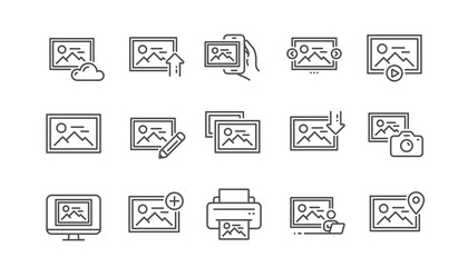 Photo line icons. Print image, Photo camera, Upload picture icons. Edit image, Play presentation and photo printer. Download picture, Gallery carousel, placeholder pic. View portfolio. Vector