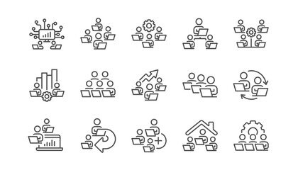Teamwork line icons. Working at home, Online Team worker, Remote office. Artificial intelligence, Growth chart, Online home job line icons. Remote team work, people study, programmers. Vector