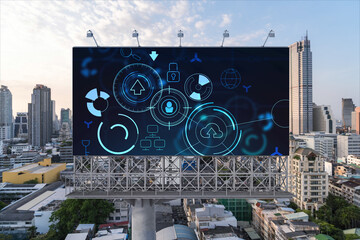 Glowing hologram of technological process on billboard, aerial panoramic cityscape of Bangkok at...