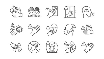 Touch warning line icons. Stop touch face, eyes and medical mask. Covid cough symptoms, wash and disinfect hands icons. Do not press lift buttons, protect face with medical mask. Linear set. Vector