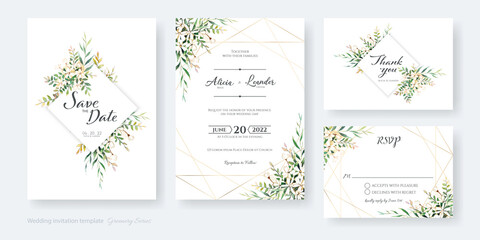Fototapeta na wymiar Greenery and little flower wedding Invitation, save the date, thank you, rsvp card template. 