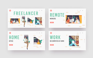 Freelancer Occupation Landing Page Template Set. Relaxed Characters in Windows. Remote Workplace, Freelance Distant Work