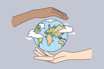 Environment saving, traveling, protecting earth concept. Two human hands holding planet Earth taking care of nature and ecology, supporting ecology vector illustration 