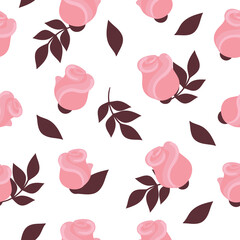 Cute seamless pattern with pink roses and buds. Beautiful spring flowers, packaging design, wedding decoration. Flat illustration on white background