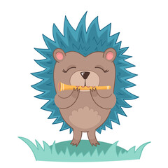 Flat illustration cute hedgehog in cartoon style with flute on green grass on white isolated background. Decor in the nursery