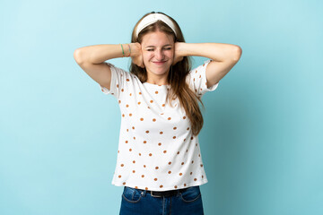 Young caucasian woman over isolated background frustrated and covering ears