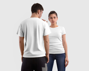 Mockup of a white t-shirt on a girl and a guy, isolated on background in the studio, clothes for design, front, back view