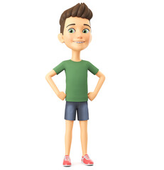 Cartoon character confident boy in green t-shirt stands with his hands on the sides. 3D rendering.