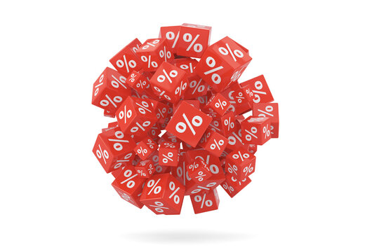 Many red cubes with the image of the percent forming a sphere. 3d render illustration.