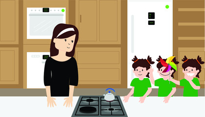Vector Illustration of Children with Windmill, Experiment in the Kitchen with Mother