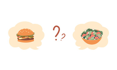 Healthy or unhealthy food, question mark, hamburger or salad. Vector illustration cartoon style
