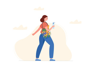 Woman shopping healthy food. Female character with grocery turtle bag full of fruits and vegetables, holding water bottle. Vector illustration cartoon flat style