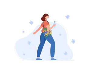 Woman with respiratory mask shopping healthy food. Female character with grocery turtle bag full of fruits and vegetables, holding water bottle. Vector illustration cartoon flat style