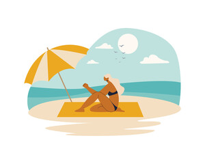 Woman in a swimsuit sitting on the beach by the ocean. Woman at the beach. Vector illustration cartoon flat style.
