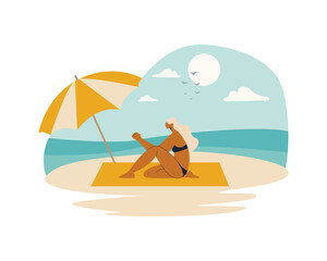 Woman in a swimsuit sitting on the beach by the ocean. Woman at the beach. Vector illustration cartoon flat style.