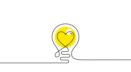 Continuous line idea icon. One light bulb silhouette. Electric lightbulb with heart background. Idea doodle sketch with continuous line. Handdrawn electric light bulb. Lamp silhouette. Vector