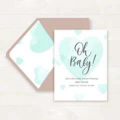 Baby shower invitation and happy birthday greeting card with watercolor mint heart and calligraphy line inscription. Vector illustration, hand drawn style.