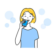 熱中症対策 水分補給をしている可愛い女性 イラスト シンプル ベクター