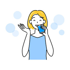 熱中症対策 水分補給をしている可愛い女性 イラスト シンプル ベクター