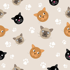 Seamless vector background with cat faces and paw prints in beige colors
