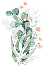 Fototapeta na wymiar Watercolor pink flowers and green leaves bouquet illustration