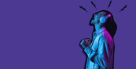 Contemporary art collage, modern design. Retro style. Man on purple studio background in magazine style