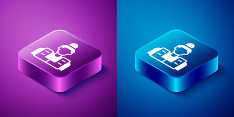 Isometric Fisherman icon isolated on blue and purple background. Square button. Vector