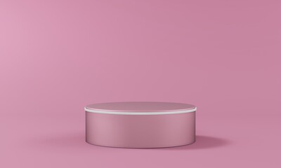 Single pedestal in the shape of a cylinder with a light rim on a blank background in rose pastel colors. Studio lighting. 3d render.