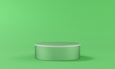 Single pedestal in the shape of a cylinder with a light rim on a blank background in green pastel colors. Studio lighting. 3d render.
