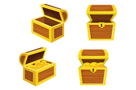 Set of wooden chests empty and with gold pirate coins in cartoon style isolated on white background. Ui game assets. Retro treasure box, trophy concept. Vector illustration