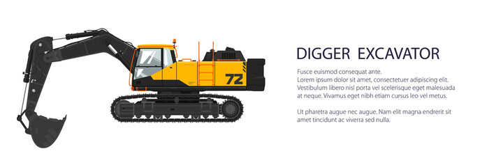 Fototapeta premium Digger hydraulic excavator with dipper , construction equipment banner, vector illustration