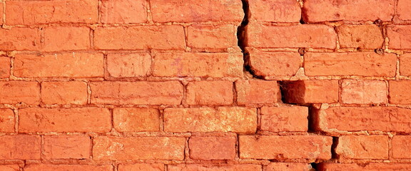 Cracked Red Stone Brick Mortar Wall, Banner For Design.