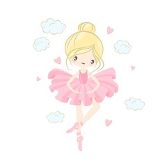 Cute ballerina on the background of stars, clouds and hearts. Vector illustration in a simple style.
