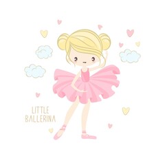 Cute ballerina on the background of stars, clouds and hearts. Vector illustration in a simple style.