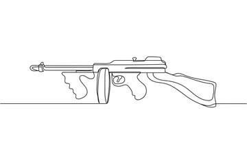 Continuous one line of gangster submachine gun in silhouette. Linear stylized.Minimalist.