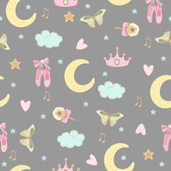Seamless pattern with a Little Ballerina on a beautiful background.Vector illustration in a simple style. © Tasha