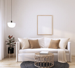 home interior living room with books on rattan coffee table,ceiling lamp,indoor plant,blue carpet,wood frame wall decorate 3d rendering.