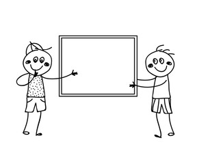 Two people and a place for text on a white background. Sketch. Vector illustration.