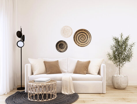 home interior living room with books on rattan coffee table,floor lamp,indoor plant,blue carpet,rattan wall decorate 3d rendering.