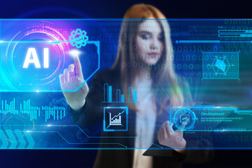 Business, Technology, Internet and network concept. Young businessman working on a virtual screen of the future and sees the inscription: AI