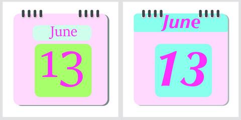 World knitting day in public. Isolated calendar day 13 June. Picture in bright colors. Leaf from a loose-leaf calendar. Vector illustration. 