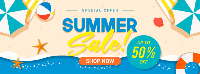 Summer sale banner vector illustration. Summer beach flat design