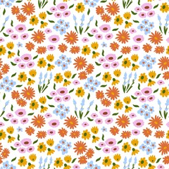 Floral pattern. Pretty flowers on white background. Printing with small colorful flowers. Ditsy print. Seamless vector texture.